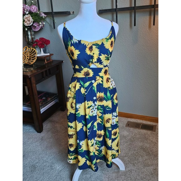 Fancyinn Dresses & Skirts - FANCYINN Sunflower Midi Dress Women Medium Blue Cutout Front Smocked Back